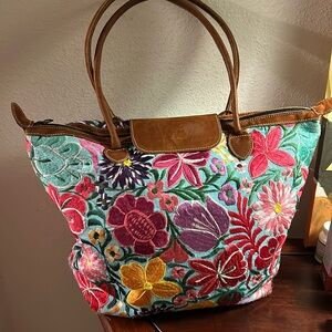 Longchamp Floral Embroidered Tote Bag - Turquoise/Multi